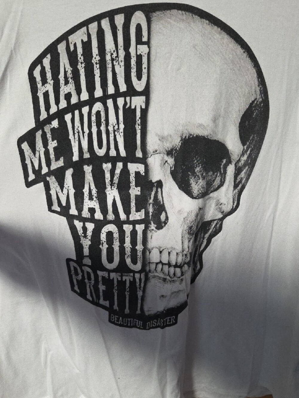 Beautiful Disaster Black & White 3/4 sleeve Raglan Skull "Hating Me" Shirt - Picture 3 of 4
